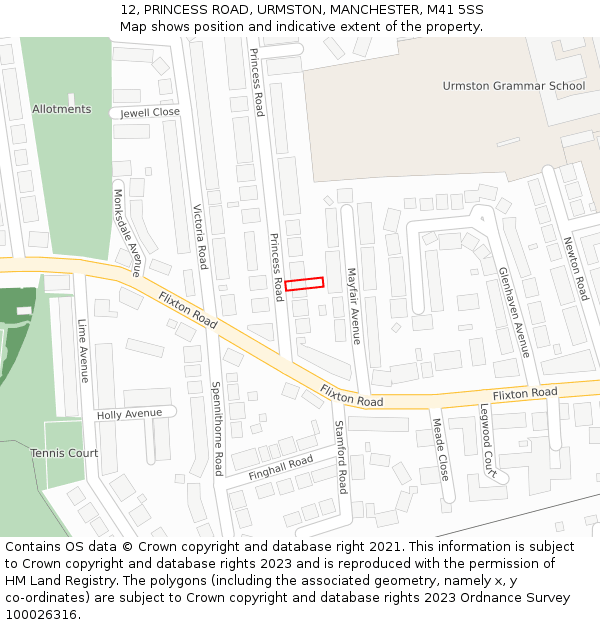 12, PRINCESS ROAD, URMSTON, MANCHESTER, M41 5SS: Location map and indicative extent of plot