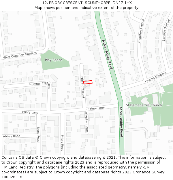 12, PRIORY CRESCENT, SCUNTHORPE, DN17 1HX: Location map and indicative extent of plot
