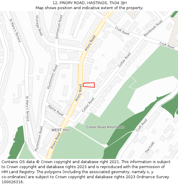 12, PRIORY ROAD, HASTINGS, TN34 3JH: Location map and indicative extent of plot