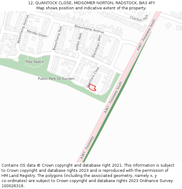 12, QUANTOCK CLOSE, MIDSOMER NORTON, RADSTOCK, BA3 4FY: Location map and indicative extent of plot
