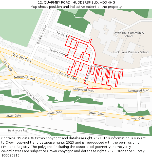 12, QUARMBY ROAD, HUDDERSFIELD, HD3 4HG: Location map and indicative extent of plot