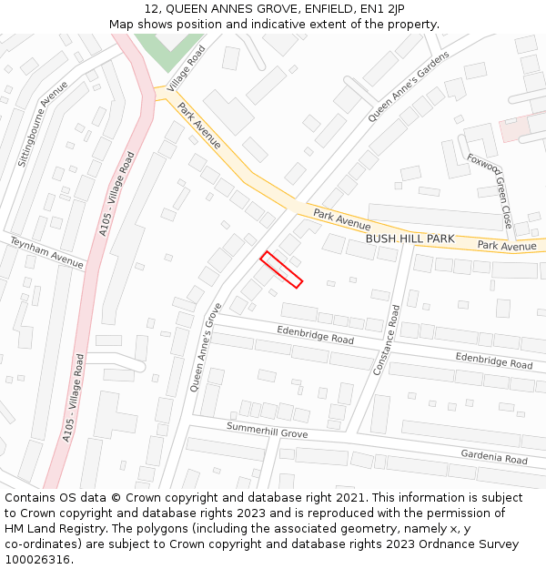 12, QUEEN ANNES GROVE, ENFIELD, EN1 2JP: Location map and indicative extent of plot