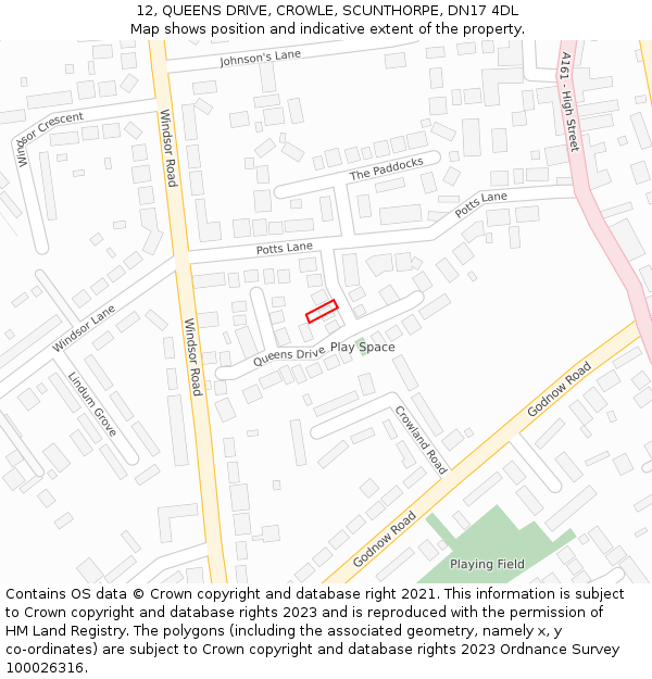 12, QUEENS DRIVE, CROWLE, SCUNTHORPE, DN17 4DL: Location map and indicative extent of plot