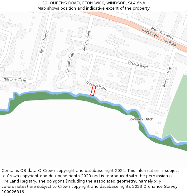 12, QUEENS ROAD, ETON WICK, WINDSOR, SL4 6NA: Location map and indicative extent of plot