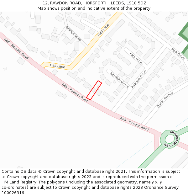 12, RAWDON ROAD, HORSFORTH, LEEDS, LS18 5DZ: Location map and indicative extent of plot