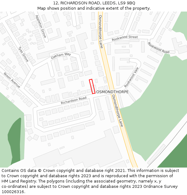 12, RICHARDSON ROAD, LEEDS, LS9 9BQ: Location map and indicative extent of plot