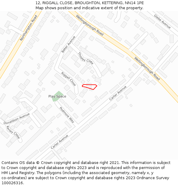 12, RIGGALL CLOSE, BROUGHTON, KETTERING, NN14 1PE: Location map and indicative extent of plot