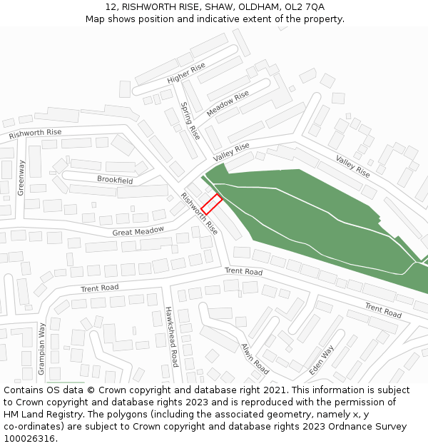 12, RISHWORTH RISE, SHAW, OLDHAM, OL2 7QA: Location map and indicative extent of plot