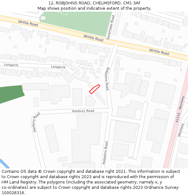 12, ROBJOHNS ROAD, CHELMSFORD, CM1 3AF: Location map and indicative extent of plot