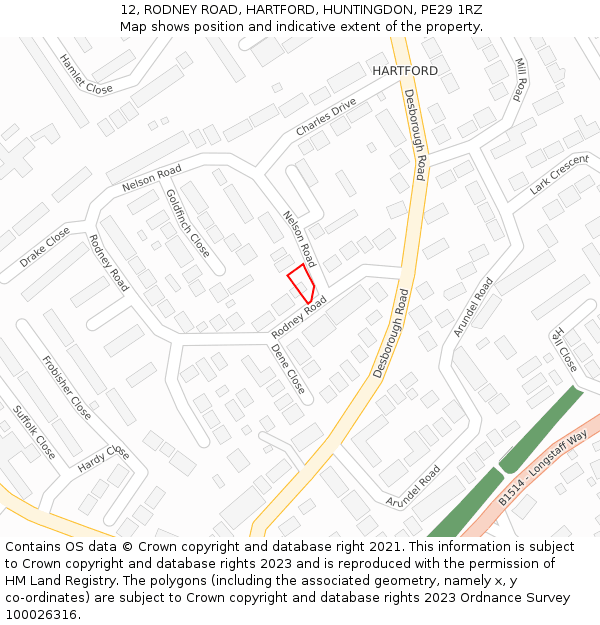 12, RODNEY ROAD, HARTFORD, HUNTINGDON, PE29 1RZ: Location map and indicative extent of plot
