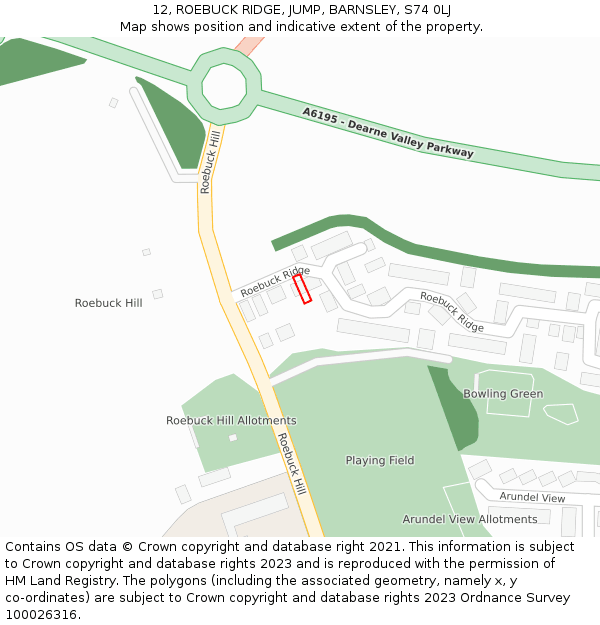 12, ROEBUCK RIDGE, JUMP, BARNSLEY, S74 0LJ: Location map and indicative extent of plot