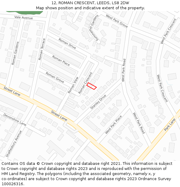 12, ROMAN CRESCENT, LEEDS, LS8 2DW: Location map and indicative extent of plot