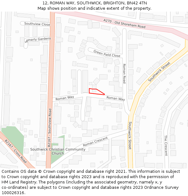 12, ROMAN WAY, SOUTHWICK, BRIGHTON, BN42 4TN: Location map and indicative extent of plot