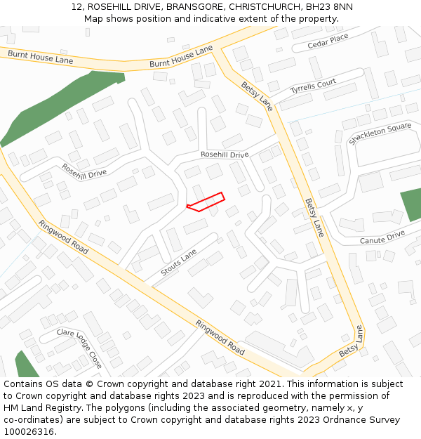 12, ROSEHILL DRIVE, BRANSGORE, CHRISTCHURCH, BH23 8NN: Location map and indicative extent of plot