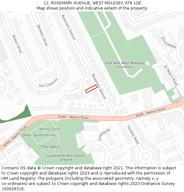 12, ROSEMARY AVENUE, WEST MOLESEY, KT8 1QE: Location map and indicative extent of plot