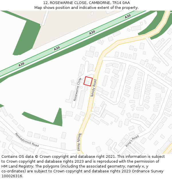 12, ROSEWARNE CLOSE, CAMBORNE, TR14 0AA: Location map and indicative extent of plot