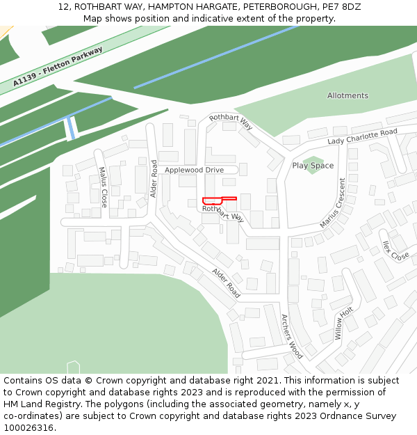 12, ROTHBART WAY, HAMPTON HARGATE, PETERBOROUGH, PE7 8DZ: Location map and indicative extent of plot
