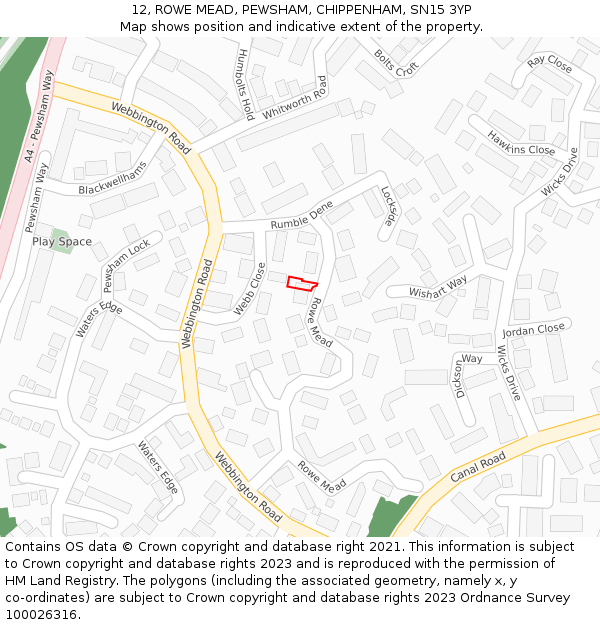 12, ROWE MEAD, PEWSHAM, CHIPPENHAM, SN15 3YP: Location map and indicative extent of plot