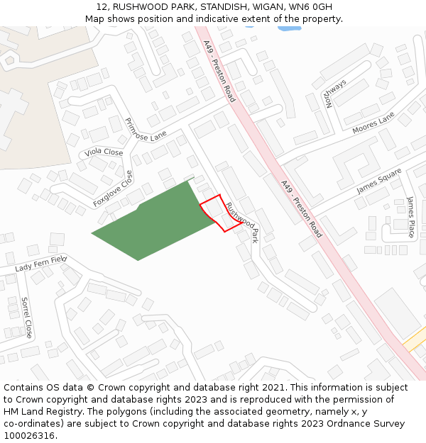 12, RUSHWOOD PARK, STANDISH, WIGAN, WN6 0GH: Location map and indicative extent of plot