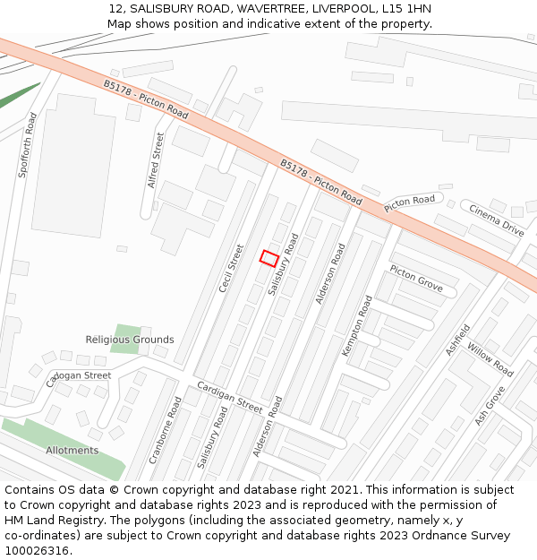 12, SALISBURY ROAD, WAVERTREE, LIVERPOOL, L15 1HN: Location map and indicative extent of plot