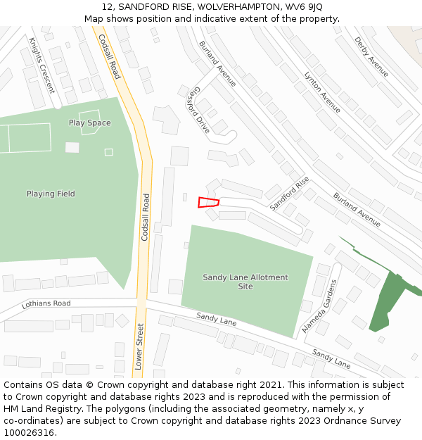 12, SANDFORD RISE, WOLVERHAMPTON, WV6 9JQ: Location map and indicative extent of plot