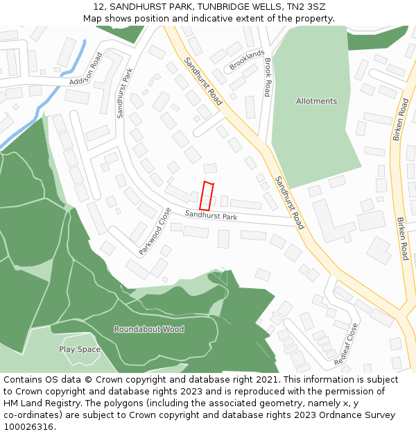 12, SANDHURST PARK, TUNBRIDGE WELLS, TN2 3SZ: Location map and indicative extent of plot