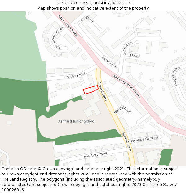 12, SCHOOL LANE, BUSHEY, WD23 1BP: Location map and indicative extent of plot