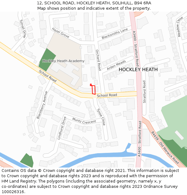 12, SCHOOL ROAD, HOCKLEY HEATH, SOLIHULL, B94 6RA: Location map and indicative extent of plot