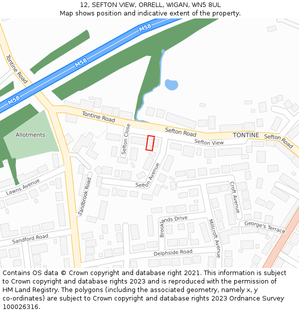 12, SEFTON VIEW, ORRELL, WIGAN, WN5 8UL: Location map and indicative extent of plot