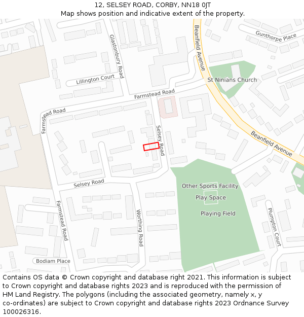 12, SELSEY ROAD, CORBY, NN18 0JT: Location map and indicative extent of plot