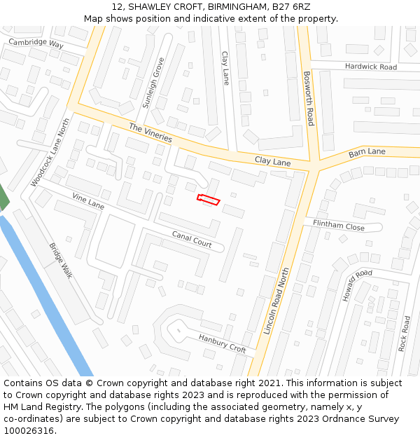 12, SHAWLEY CROFT, BIRMINGHAM, B27 6RZ: Location map and indicative extent of plot