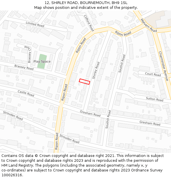 12, SHIRLEY ROAD, BOURNEMOUTH, BH9 1SL: Location map and indicative extent of plot