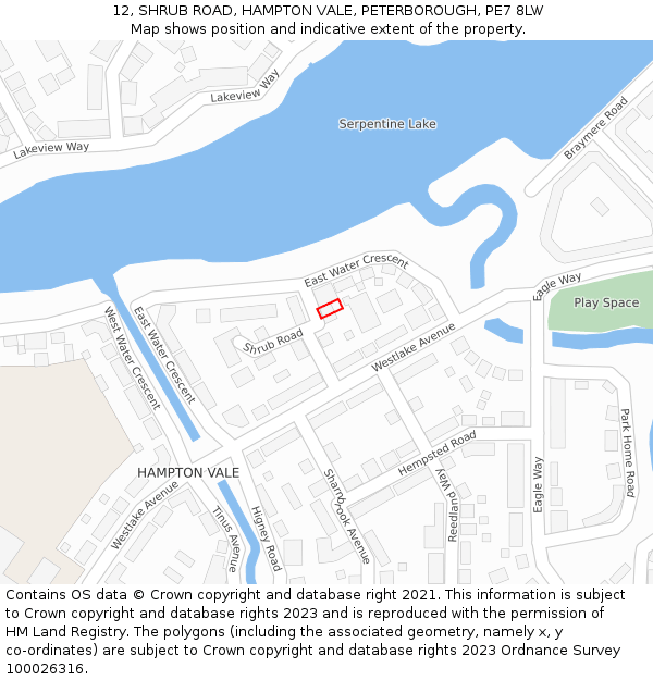 12, SHRUB ROAD, HAMPTON VALE, PETERBOROUGH, PE7 8LW: Location map and indicative extent of plot