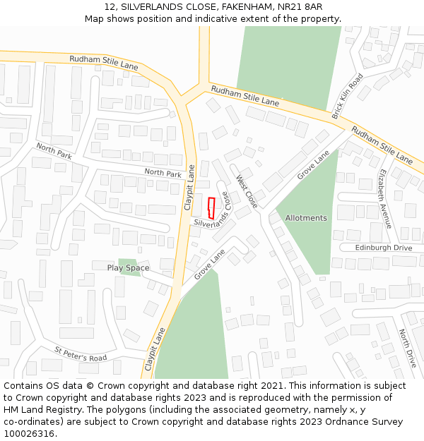 12, SILVERLANDS CLOSE, FAKENHAM, NR21 8AR: Location map and indicative extent of plot