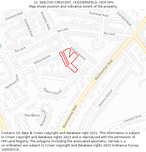 12, SKELTON CRESCENT, HUDDERSFIELD, HD4 5PN: Location map and indicative extent of plot