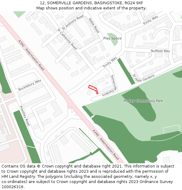 12, SOMERVILLE GARDENS, BASINGSTOKE, RG24 9XF: Location map and indicative extent of plot