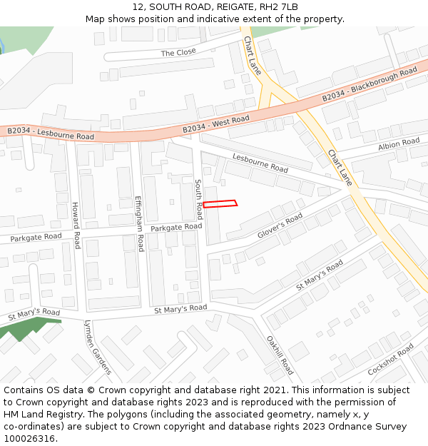 12, SOUTH ROAD, REIGATE, RH2 7LB: Location map and indicative extent of plot