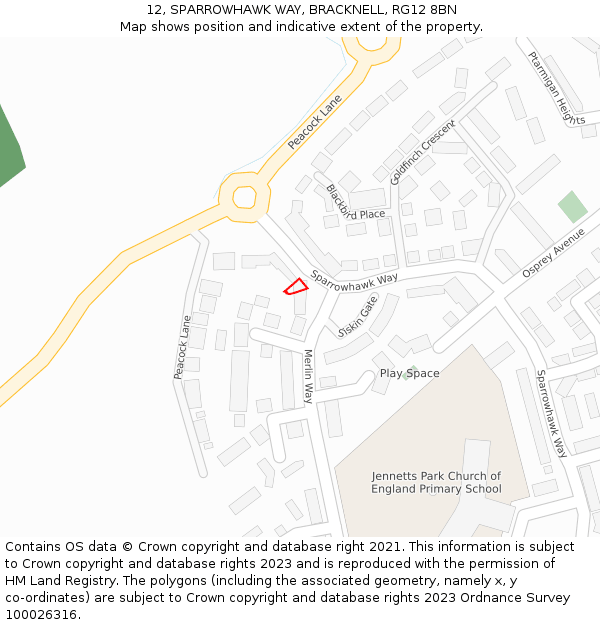 12, SPARROWHAWK WAY, BRACKNELL, RG12 8BN: Location map and indicative extent of plot