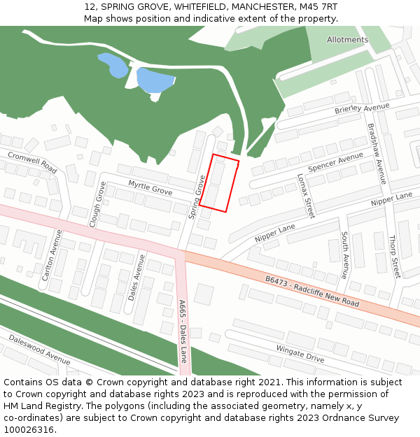 12, SPRING GROVE, WHITEFIELD, MANCHESTER, M45 7RT: Location map and indicative extent of plot