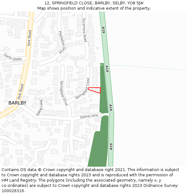 12, SPRINGFIELD CLOSE, BARLBY, SELBY, YO8 5JW: Location map and indicative extent of plot