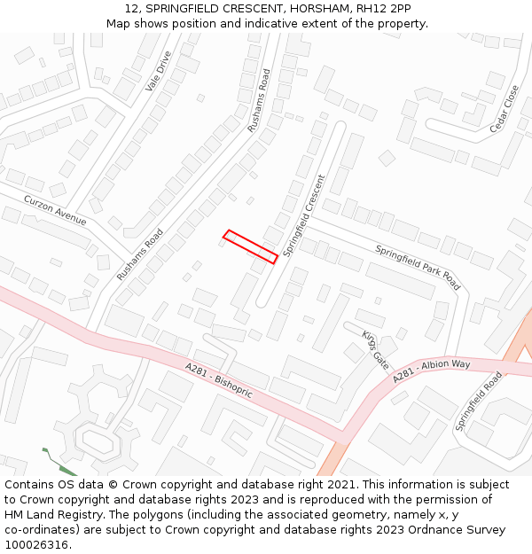 12, SPRINGFIELD CRESCENT, HORSHAM, RH12 2PP: Location map and indicative extent of plot