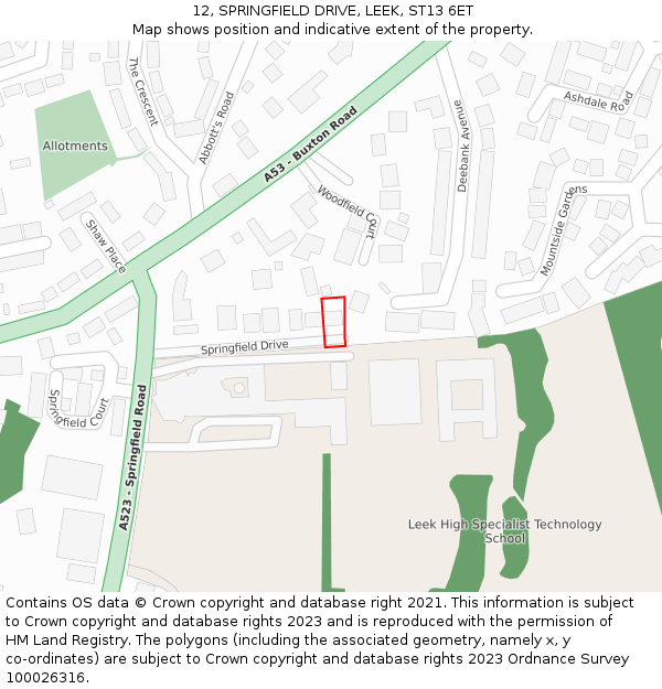 12, SPRINGFIELD DRIVE, LEEK, ST13 6ET: Location map and indicative extent of plot