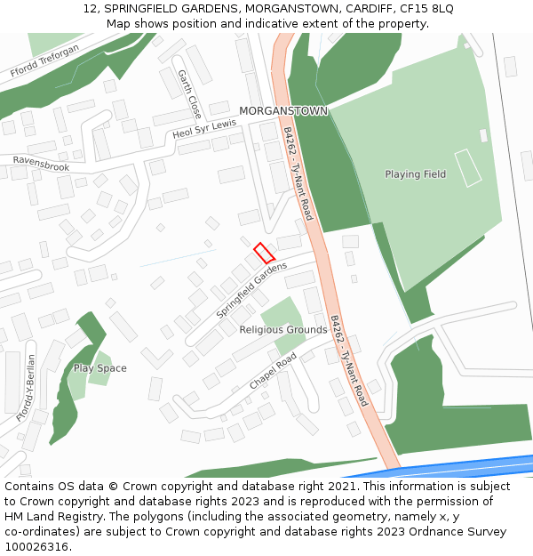 12, SPRINGFIELD GARDENS, MORGANSTOWN, CARDIFF, CF15 8LQ: Location map and indicative extent of plot
