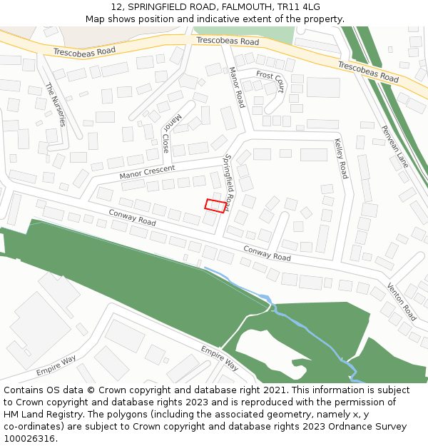 12, SPRINGFIELD ROAD, FALMOUTH, TR11 4LG: Location map and indicative extent of plot