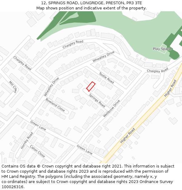 12, SPRINGS ROAD, LONGRIDGE, PRESTON, PR3 3TE: Location map and indicative extent of plot