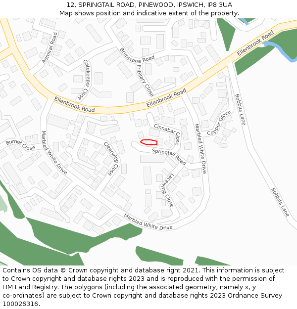 12, SPRINGTAIL ROAD, PINEWOOD, IPSWICH, IP8 3UA: Location map and indicative extent of plot