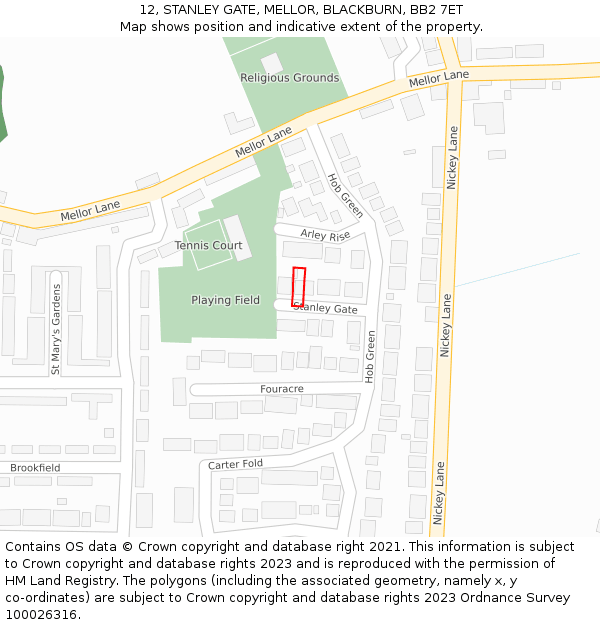 12, STANLEY GATE, MELLOR, BLACKBURN, BB2 7ET: Location map and indicative extent of plot