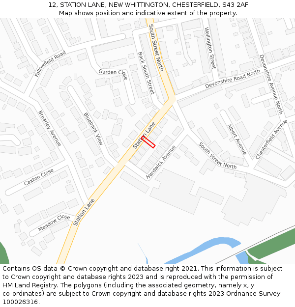 12, STATION LANE, NEW WHITTINGTON, CHESTERFIELD, S43 2AF: Location map and indicative extent of plot