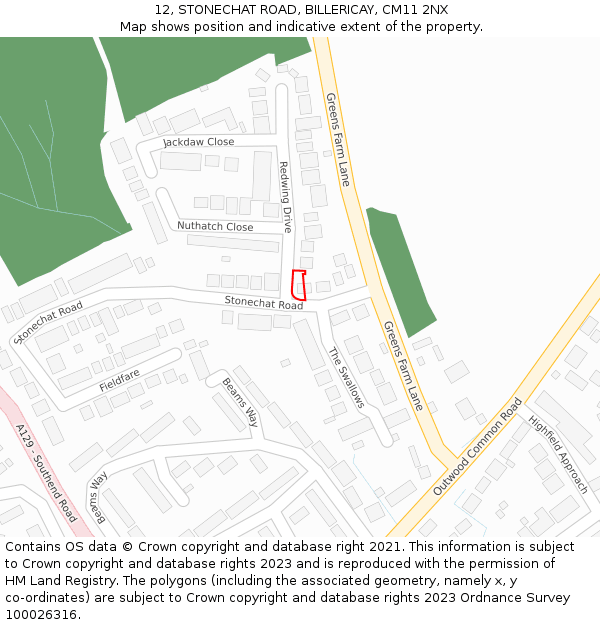 12, STONECHAT ROAD, BILLERICAY, CM11 2NX: Location map and indicative extent of plot