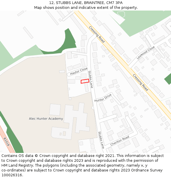 12, STUBBS LANE, BRAINTREE, CM7 3PA: Location map and indicative extent of plot